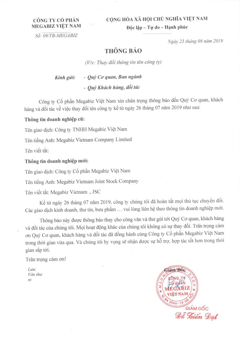 THÔNG BÁO THAY ĐỔI THÔNG TIN CÔNG TY