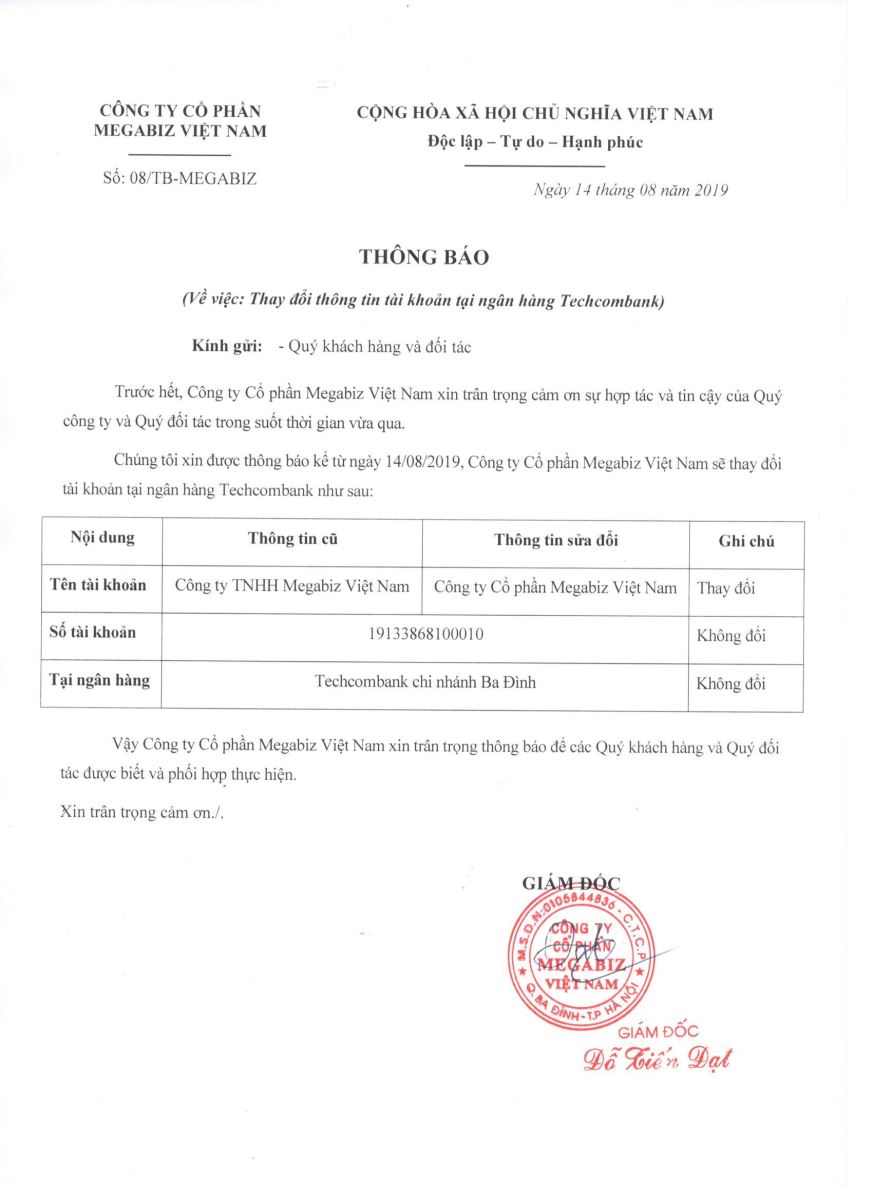 Thông báo: V/v thay đổi thông tin tài khoản ngân hàng của Công ty Cổ phần Megabiz Việt Nam